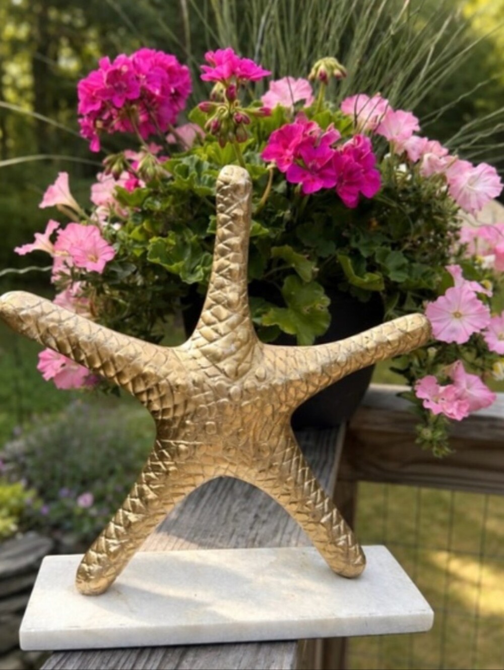 Large Starfish Sculpture on Marble - Coastal Decor | Gold w/Silver Flecks